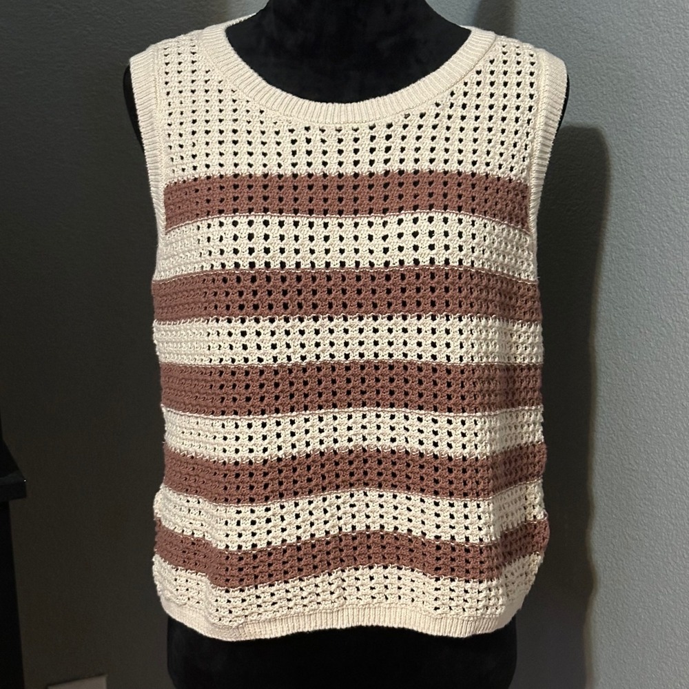 Greige Crochet Sweater Vest Womens XL Cream Brown Striped Cotton Tie Back Boho